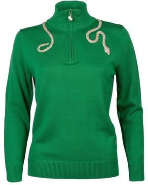 Laines London Laines Couture Quarter Zip Jumper With Embellished Crystal & Pearl Snake - Green