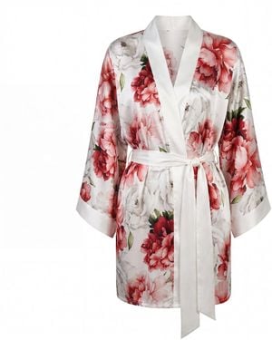 Vimissia Peony Allure Short Silk Kimono Style Robe - Red