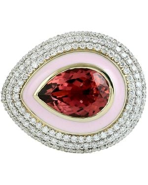 Artisan Pear Tourmaline & Diamond Enamel Halo Ring - Metallic