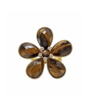 Farra Flower Shaped Tiger-Eye Stone Cocktail Ring - Brown