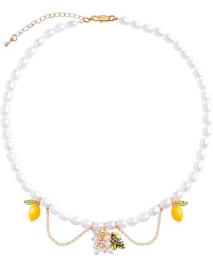 My Little Nature Handmade Pearl Necklace With Lemon And Flower Charms - Metallic