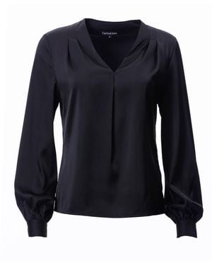 Carloslines V-Neck Pleat Detail Balloon Long Sleeve Blouse - Blue