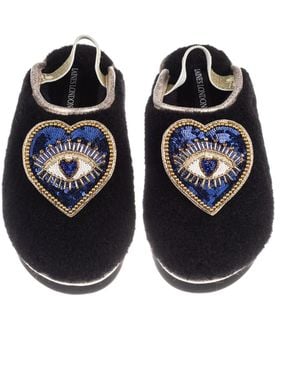 Laines London Flatform Cloud Closed Toe Slippers With Double Heart Eye Brooches - Black