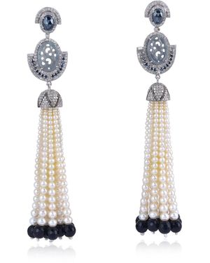 Artisan Spinel, Jade, Onyx & Pearl Tassel Earrings - White