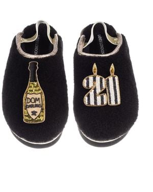 Laines London Flatform Cloud Closed Toe Slippers With Stripe 21St Birthday & Dom Darling Brooches - Black