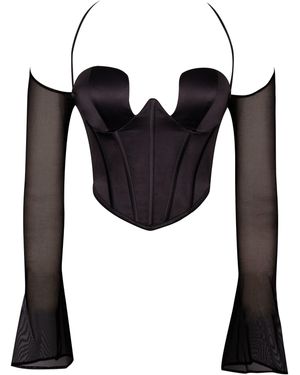 Miss Circle New York Pixie Mesh Sleeve Halter Corset Satin Top - Black