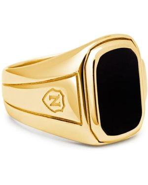 Nialaya Oblong Plated Signet Ring With Onyx - Metallic