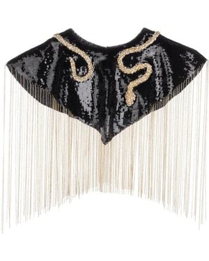 Laines London Hand Beaded Crystal & Pearl Snake Tassel Cape - Black