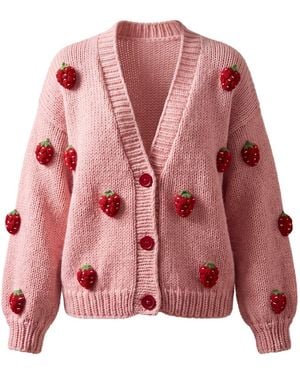 Ana Chic Rose Strawberry Handmade Knitted Cardigan - Pink
