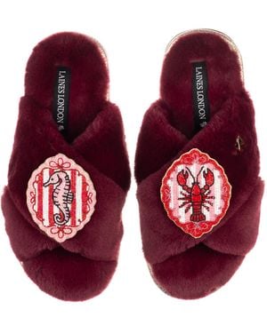 Laines London Classic Laines Slippers With Stripe Seahorse & Lobster Brooches - Red