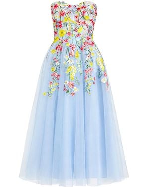 Mac Duggal Strapless Floral Embroidered A-Line Midi Dress - Blue