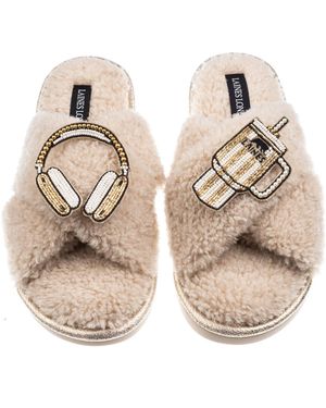 Laines London Neutrals Laines Neutral Boucle Slippers With Headphones & Quencher Brooches - Natural