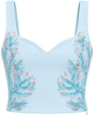 Laura Slings Beaded Crop Top With Coral Embroidery And Embellished Details - Blue