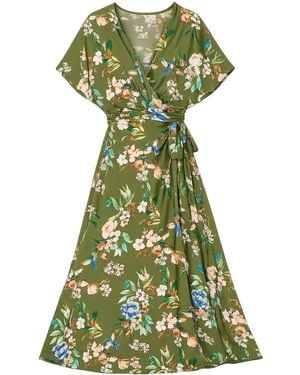 Yumi' Sage Viscose Floral Print Midi Dress With Ruched Waist - Green