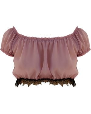 Noblesse Oblige Rouched Chiffon Eyelash Lace Trimmed Top - Purple