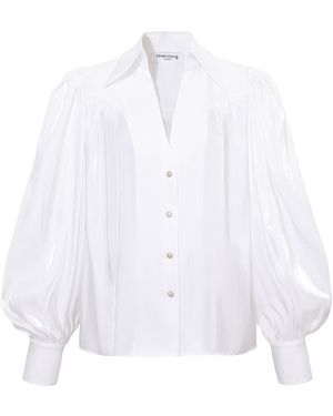 Femponiq Puff Sleeve V-Neck Gathered Shirt - White