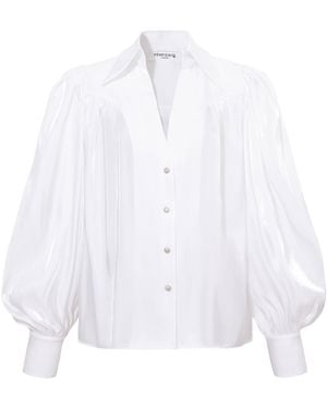Femponiq Puff Sleeve V-Neck Gathered Shirt - White