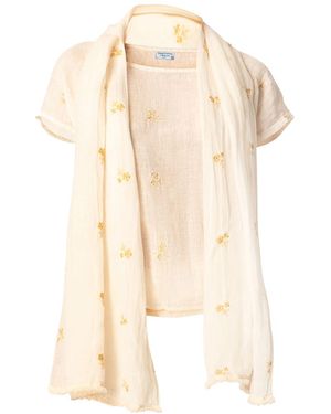 Haris Cotton Neutrals Linen Gauze Blouse With Embroidery And Pleats - Natural