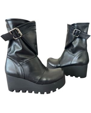 Adrenaline Fashion Leather Platform Boots With Buckle Strap Chunky Sole Designer Ankle Boots - Black
