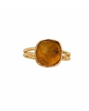 By Ozge Natural Golden Citrine Plated Adjustable Statement Ring - Metallic