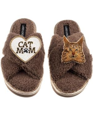 Laines London Neutrals Boucle Slippers With Cat Mum/Mom & Maine Coon Cat Brooches - Brown