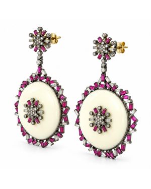 Artisan 18K & Ruby, Enamel & Diamond Drop Earrings - Metallic