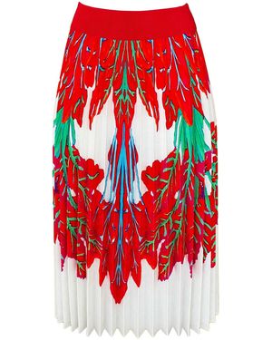 Lalipop Design Half Circle Pleated White Midi Skirt With Red Leaves Print