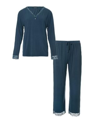 Pretty You London Bamboo Lace V-Neck Pyjama Set - Blue