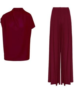 BLUZAT Burgundy Draped Top And Pleated Pants Set - Red