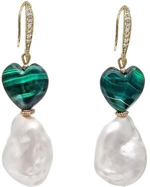 Farra Natural Baroque Pearls With Heart Malachite Earrings - Green