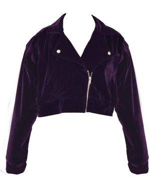 Ettie Rhinestone Back Velvet Cropped Biker Jacket - Blue