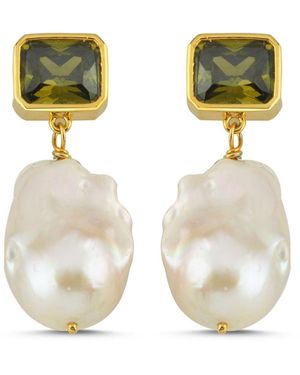 LINYA JEWELLERY Khaki Crystal Stone Baroque Pearl Dangle Earrings - Metallic