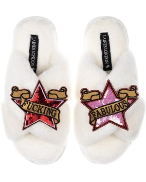 Laines London Neutrals Classic Laines Slippers With & Fucking Fabulous Brooches - White