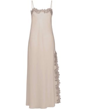 Avenue 8 Neutrals Silk Straight Neck Lace Midi Dress With Slit - Natural