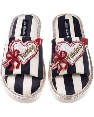 Laines London Flatform Stripe Open Toe Slippers With Fucking Fabulous Heart Brooches - Red