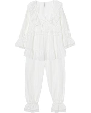 Luna Luz Angelring Cotton Embroidered Square-Neck Long-Sleeve Pajama Set - White