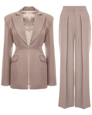 BLUZAT Neutrals Suit With Balloon Blazer And Wide Leg Pants - Brown
