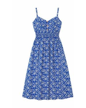 Yumi' Block Print Midi Sun Dress With Button Details - Blue