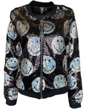 Any Old Iron Iridescent Smiley Reversible Sequin Bomber Jacket - Black