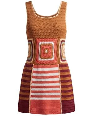 Ana Chic Caramel Granny Square Handmade Crochet Mini Dress - Red