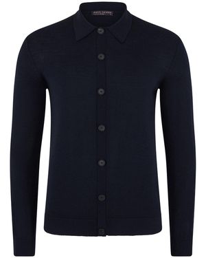 Paul James Knitwear Extra Fine Merino Wool Cassius Polo Cardigan - Blue