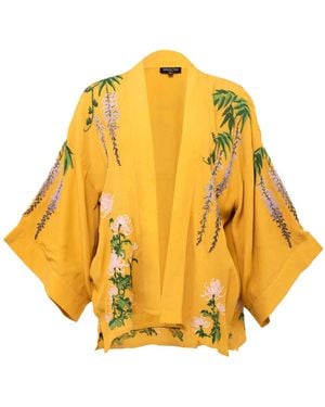 Artemis Muse Wisteria & Chrysanthemum Embroidered Mustard Fully Lined Short Kimono - Yellow