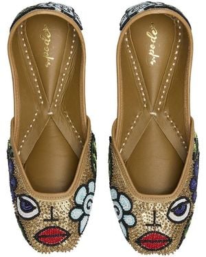 Pode Neutrals Poker Face Handmade Beaded Statement Flats - Green