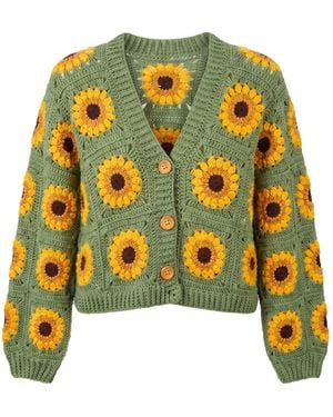 Ana Chic Sage Sunflower Granny Square Handmade Crochet Cropped Cardigan - Yellow