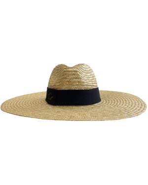 Chanel Joan Elkayam Neutrals Logo Embellished Wide Brim Natural Straw Fedora Hat - Black