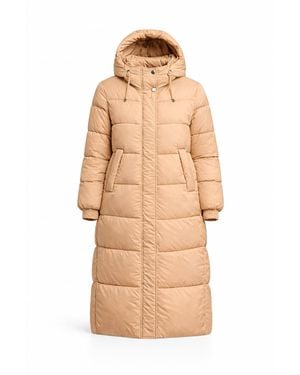 Tantra Spain Sl Neutrals Quilted Coat With Non-Detachable Hood, Side Pockets, And Zipper And Clip Closure - Natural