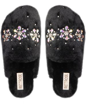 Rettrose Kamila Luxury Plush Diamanté Embellished Handmade Slipper - Black