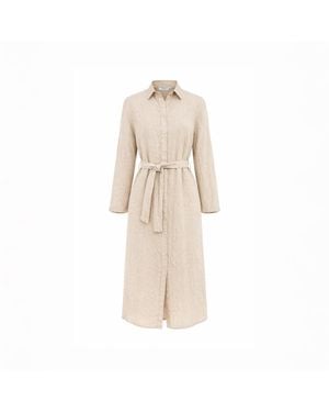 Haris Cotton Neutrals Striped Linen Button Front Long Sleeved Shirtdress With Belt Beach Sand - Natural