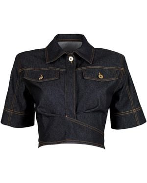 Lalipop Design Fitted Cropped Denim Shirt - Black