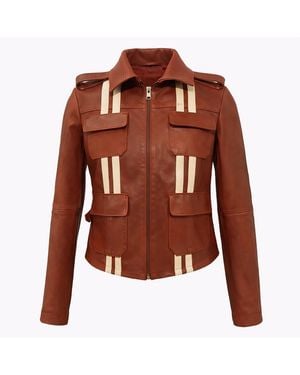 Zasta Studio Brick Striped Motto Leather Jacket - Brown